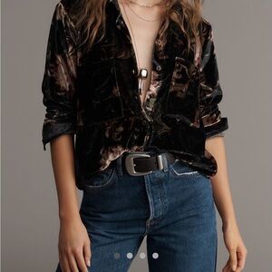 Anthropologie Pilcro The Hadley Velvet Relaxed Buttondown  Navy Black and Brown